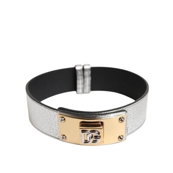 Dolce & Gabbana Silver Textured Leather Gold Tone Metal Men's Neckband